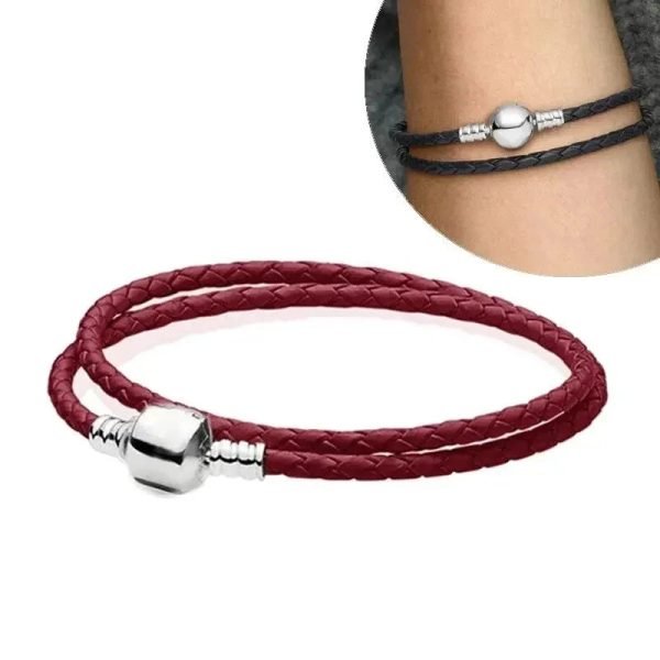 New S925 Sterling Silver Double Loop Woven Leather Bracelet With Multiple Colors, Simple And Versatile, Women's DIY Jewelry Gift - 图片 5