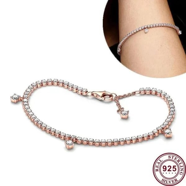 New S925 Sterling Silver Sparkling Halo Tennis Pendant Bracelet Suitable For Women's DIY Jewelry Gift - 图片 3