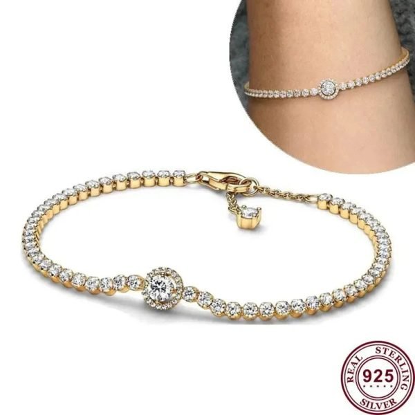 New S925 Sterling Silver Sparkling Halo Tennis Pendant Bracelet Suitable For Women's DIY Jewelry Gift - 图片 5