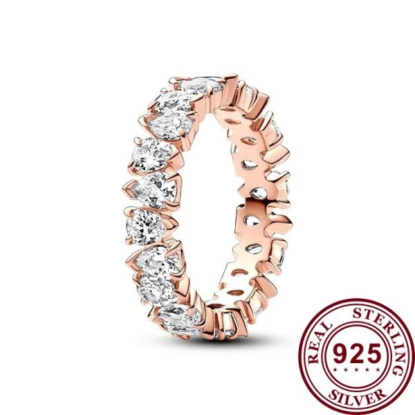 New Women's Sparkling Double Row Interwoven Pav é Seal Original Logo Pear Blossom Ring Girlfriend Family Holiday Fashion Jewelry Gift - 图片 2