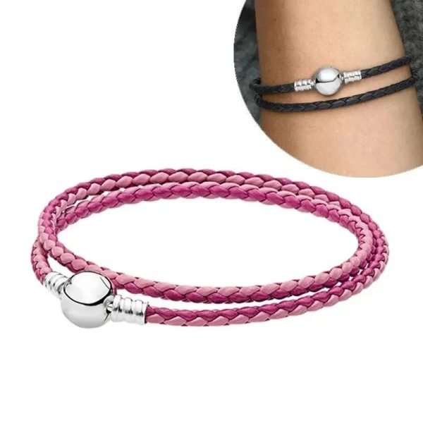 New S925 Sterling Silver Double Loop Woven Leather Bracelet With Multiple Colors, Simple And Versatile, Women's DIY Jewelry Gift - 图片 3