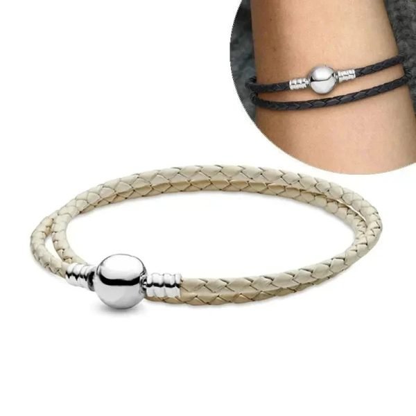 New S925 Sterling Silver Double Loop Woven Leather Bracelet With Multiple Colors, Simple And Versatile, Women's DIY Jewelry Gift - 图片 6