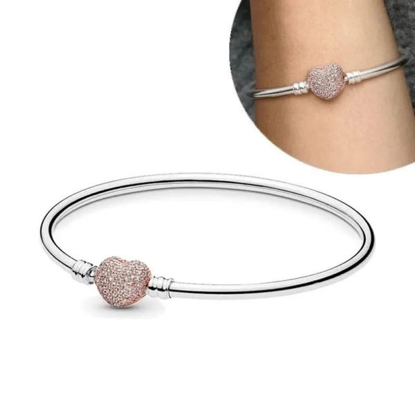 New S925 Sterling Silver Moments Sparkling Heart Inlaid Zircon Snake Bone Women's Gift Bracelet DIY Jewelry - 图片 3