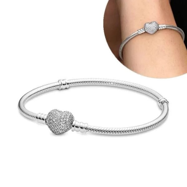 New S925 Sterling Silver Moments Sparkling Heart Inlaid Zircon Snake Bone Women's Gift Bracelet DIY Jewelry - 图片 5