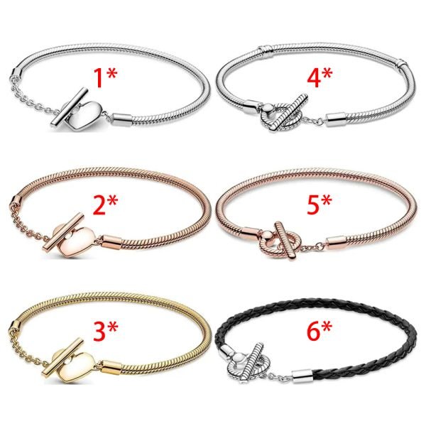 New S925 Sterling Silver Moments T-shaped Buckle Snake Bone Chain Women's Gift Bracelet DIY Jewelry