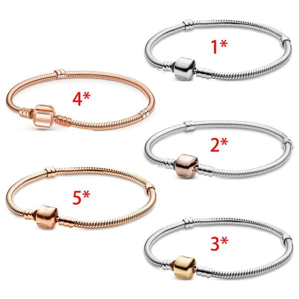New S925 Sterling Silver Classic Rose Gold Square Buckle Time Serpentine Women's Gift Bracelet DIY Jewelry