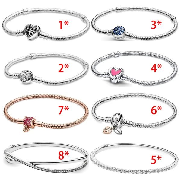 New S925 Sterling Silver Moments Fallen Leaf Chain Buckle Shining Hand drawn Love Snake Bone Chain Women's Bracelet DIY Jewelry