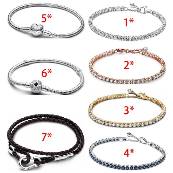 New S925 Sterling Silver Moments Brown Braided Double Leather Bracelet Ladies DIY Jewelry