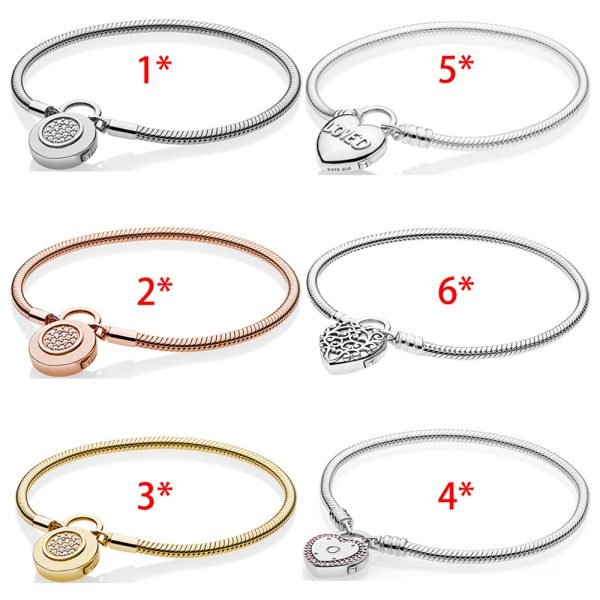 New S925 Sterling Silver Rose Gold Disc Lock Snake Bone Women's Gift Bracelet DIY Jewelry
