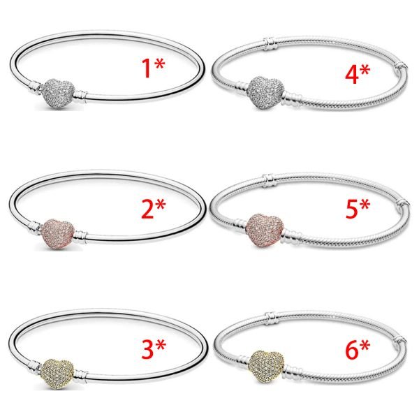 New S925 Sterling Silver Moments Sparkling Heart Inlaid Zircon Snake Bone Women's Gift Bracelet DIY Jewelry