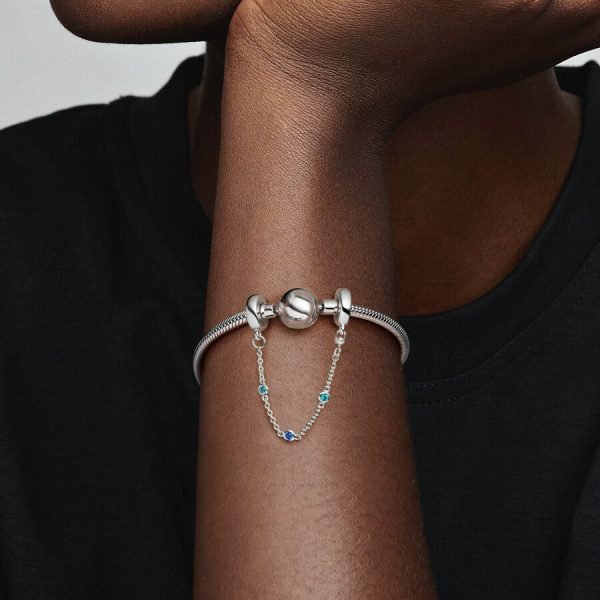 New S925 Sterling Silver Triple Blue Stone Safety Chain Ladies DIY Jewelry - 图片 2