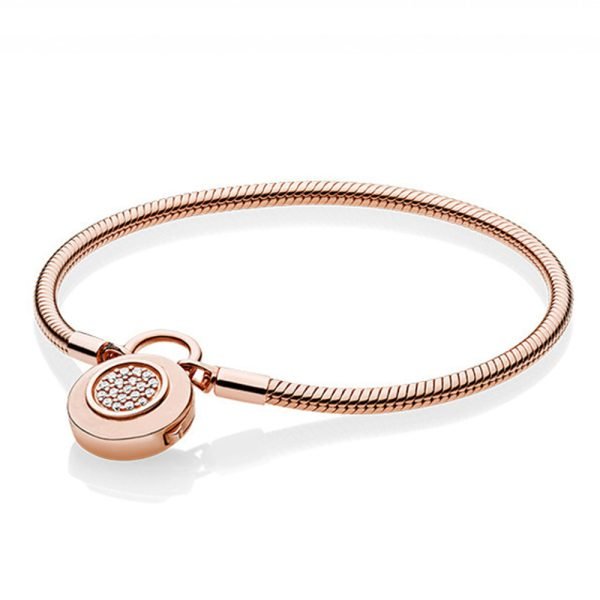 New S925 Sterling Silver Rose Gold Disc Lock Snake Bone Women's Gift Bracelet DIY Jewelry - 图片 3