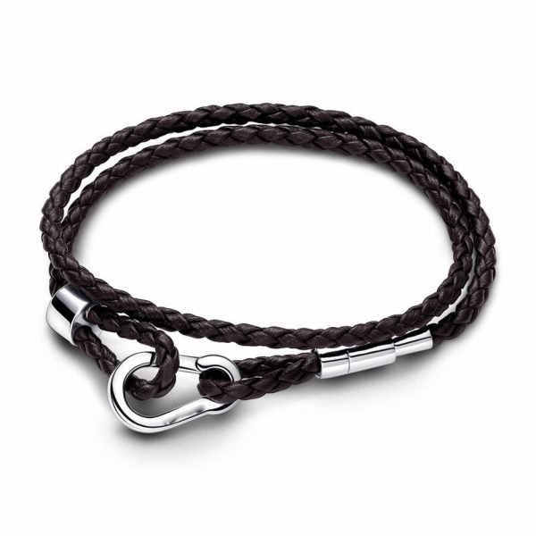 New S925 Sterling Silver Moments Brown Braided Double Leather Bracelet Ladies DIY Jewelry - 图片 3