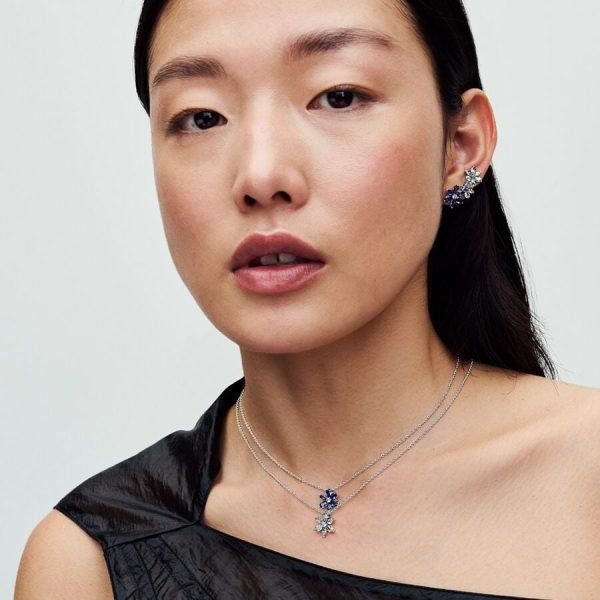 New S925 Sterling Silver Sparkling Blue Herbarium Cluster Pendant Necklace Ladies DIY Jewelry - 图片 4