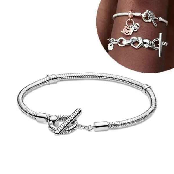 New S925 Sterling Silver Moments T-shaped Buckle Snake Bone Chain Women's Gift Bracelet DIY Jewelry - 图片 3