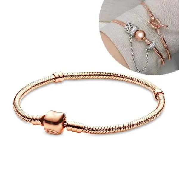 New S925 Sterling Silver Classic Rose Gold Square Buckle Time Serpentine Women's Gift Bracelet DIY Jewelry - 图片 5