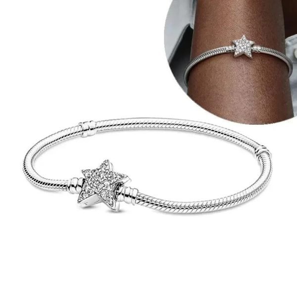 New S925 Sterling Silver Heart-shaped Daisy Asymmetric Star Chain Buckle Snake Bone Chain Women's Gift Bracelet DIY Jewelry - 图片 3