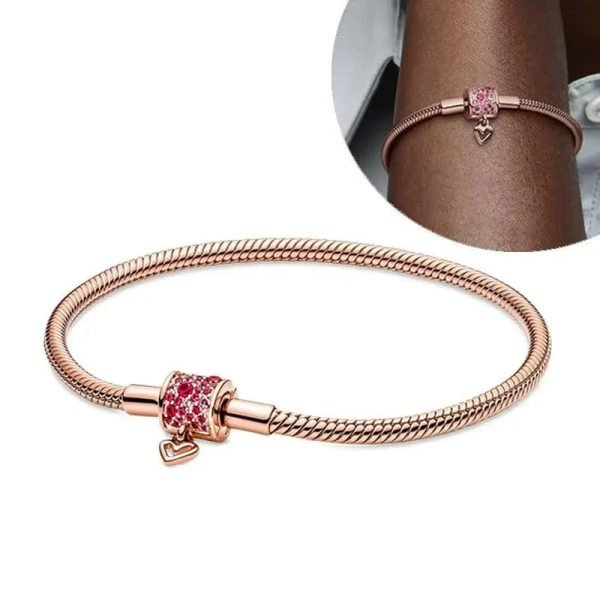 New S925 Sterling Silver Moments Fallen Leaf Chain Buckle Shining Hand drawn Love Snake Bone Chain Women's Bracelet DIY Jewelry - 图片 3