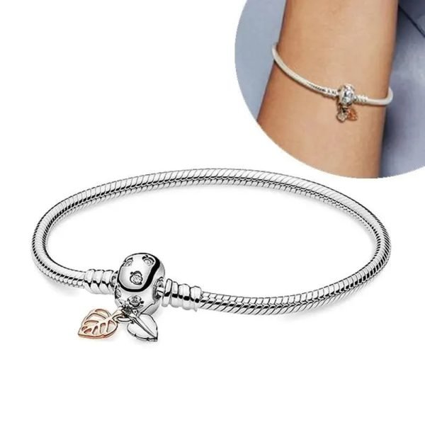 New S925 Sterling Silver Moments Fallen Leaf Chain Buckle Shining Hand drawn Love Snake Bone Chain Women's Bracelet DIY Jewelry - 图片 5