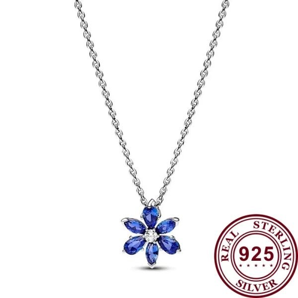 New S925 Sterling Silver Sparkling Blue Herbarium Cluster Pendant Necklace Ladies DIY Jewelry - 图片 3