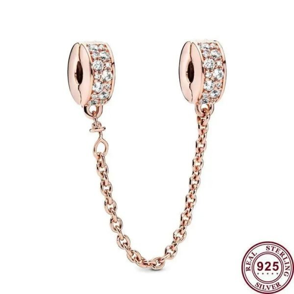 New S925 Sterling Silver Clear Pavé Safety Chain Clip Charm Ladies DIY Jewelry - 图片 5