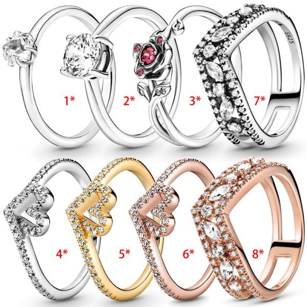 New Sparkling Star Love Wishing Bone Women's Original Logo Rose Crown Ring For Girlfriend and Family Holiday Fashion Jewelry Gift